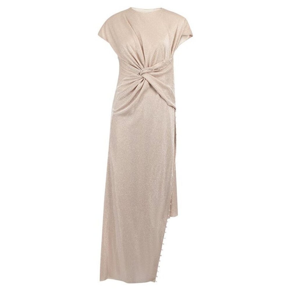 Lanvin Metallic Twisted Knot Front Asymmetric Hem Long Dress